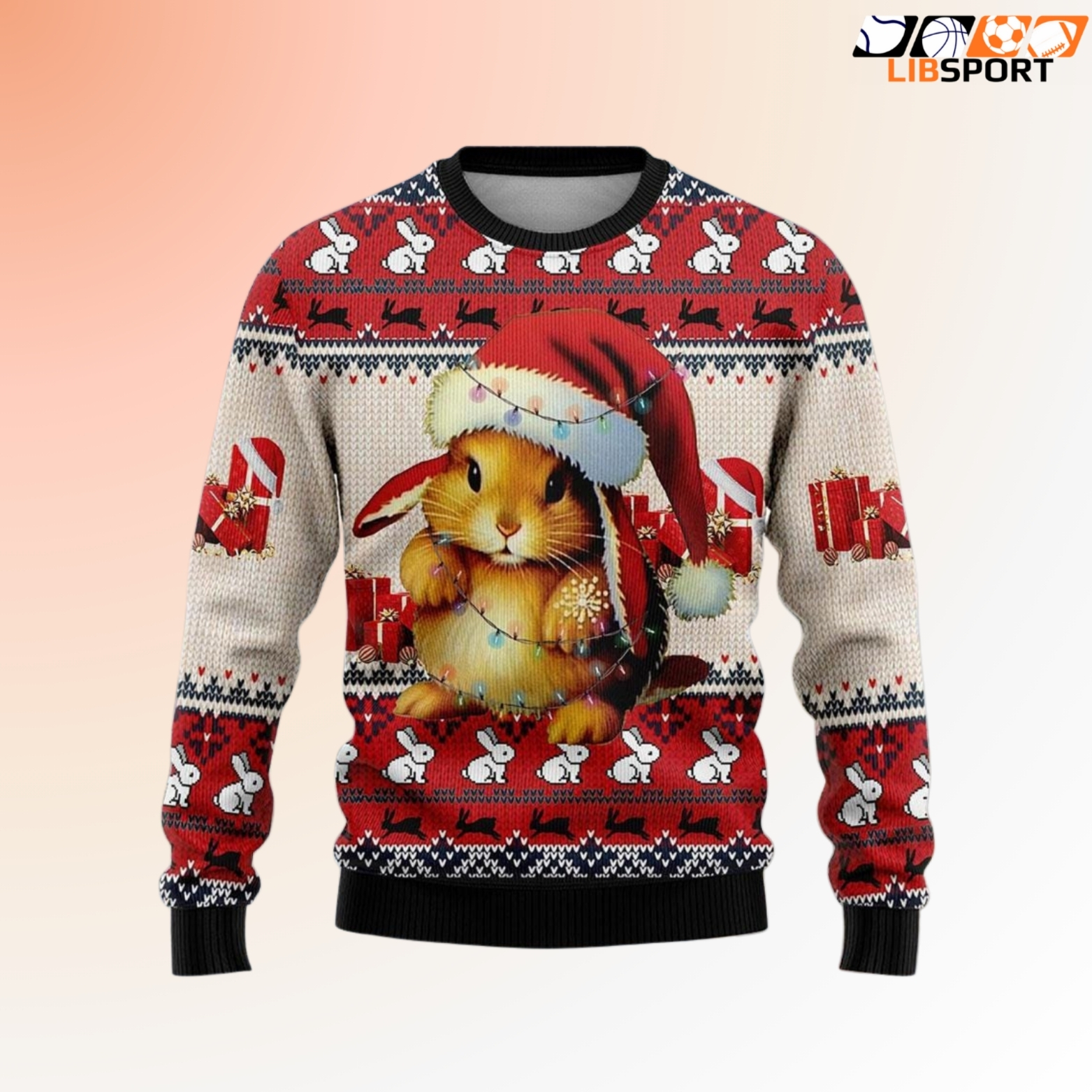 Cute Bunny Christmas Sweater, Holiday Rabbit Santa Jumper, Funny Bunny Xmas Lights Gift